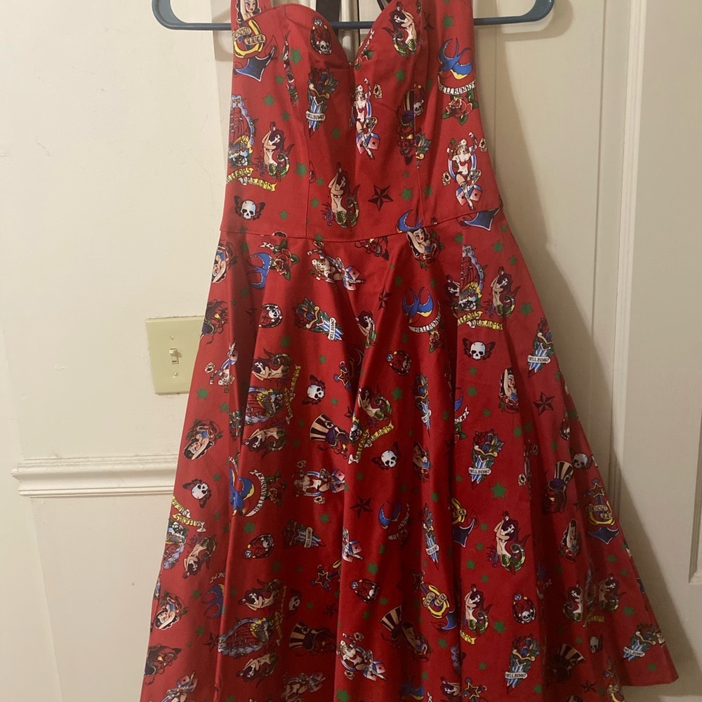 Hell Bunny Red Halter Swing Dress with Tattoo Print